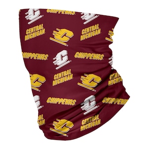 May include: A maroon face mask with a repeating pattern of the Central Michigan University logo and the words "Chippewas" and "Central Michigan".