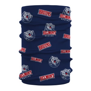 May include: Navy blue face covering with a repeating pattern of white tiger head graphics and the words "BELMONT BRUINS" in red and white. The face covering is a tube shape.