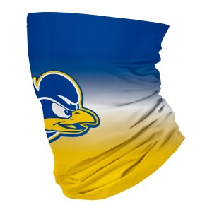 May include: A blue and yellow neck gaiter with a cartoon bird mascot. The bird has a yellow beak and a blue body with a white eye.