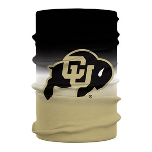May include: A black and white gradient neck gaiter with a gold University of Wyoming logo featuring a buffalo head and the letters "UW".