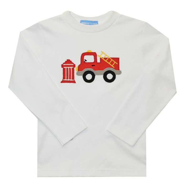 Applique Firetruck Boys White Knit Long Sleeve Tee Shirt