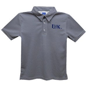 May include: A white and navy blue striped polo shirt with a blue embroidered logo that says "UNK" on the right chest.
