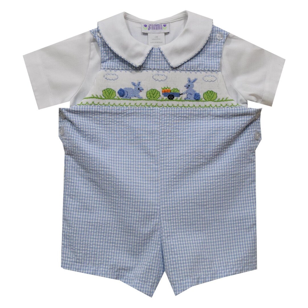 Blue Seersucker Bunnies Smocked Shirt and Boy Shorts Set