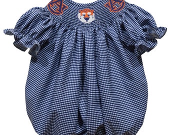 Auburn Tigers Smocked Navy Giangham Short Sleeve Girls Bubble