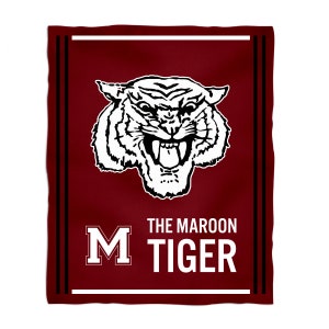 May include: A maroon and black throw blanket with a white tiger head and the text "The Maroon Tiger" and a large white "M" in the bottom left corner.