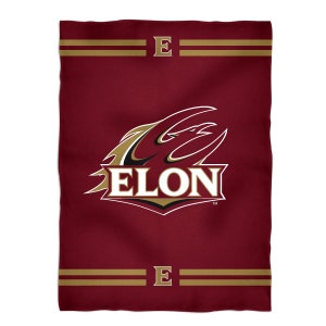 May include: A maroon fleece blanket with a gold Elon University logo featuring a stylized eagle and the word "ELON". The logo is surrounded by two gold stripes with the letter "E" on each stripe.