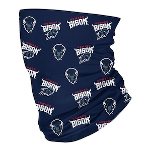 May include: A navy blue neck gaiter with a repeating pattern of a white bison and the text "Howard Bison" in red.