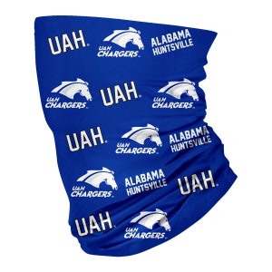 May include: A blue and white patterned neck gaiter with the text "UAH Chargers" and "Alabama Huntsville" repeated throughout the design.