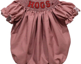 Arkansas Razorbacks Smocked Red Gingham Short Sleeve Girls Bubble