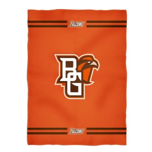 May include: Orange and brown fleece blanket with the text "FALCONS" and a logo of a brown falcon with the letters "BG" in a circle.