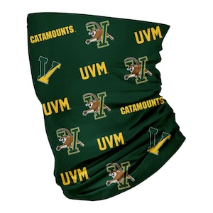 May include: A green neck gaiter with a repeating pattern of the text "UVM" and "CATAMOUNTS" in yellow. The design also includes a cougar mascot logo. The gaiter is made of a soft, flexible material.