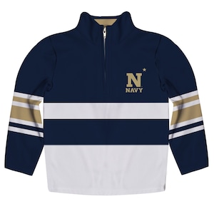 May include: Navy blue and white striped quarter-zip pullover with gold accents. The pullover features a large "N* NAVY" logo on the chest.