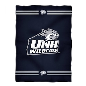 May include: A navy blue fleece blanket with a white and gray UNH Wildcats logo. The logo features a wildcat head and the words "UNH Wildcats".