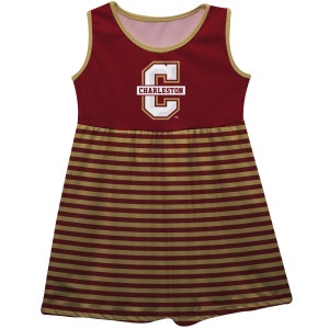 Charleston Cougars COC Vive La Fete Girls Game Day Sleeveless Tank Dress Solid Maroon Logo Stripes on Skirt