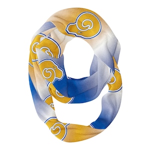 May include: A blue and gold infinity scarf with a repeating pattern of a ram's head logo.