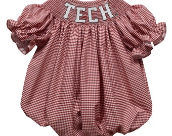 Texas Tech Red Raiders Smocked Red Gingham Short Sleeve Girls Bubble