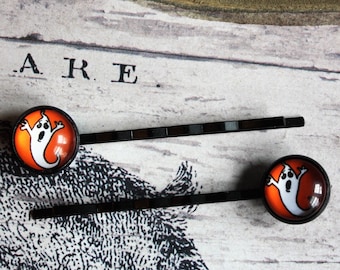 Set of Halloween Bobby Pins, Spooky Ghost Hair Pins, Black and Orange Hair Accessory