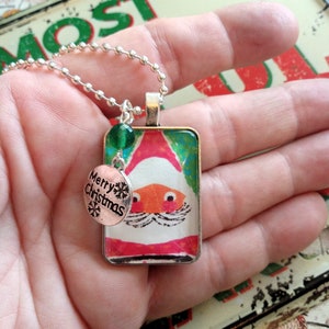 Whimsical Santa Necklace, Santa Jewelry, Merry Christmas Necklace, Glass Pendant with Charm