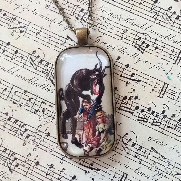 Krampus Pendant Necklace, Vintage Krampus Image Necklace, Vintage Inspired Krampus Necklace, Glass Cabochon Pendant