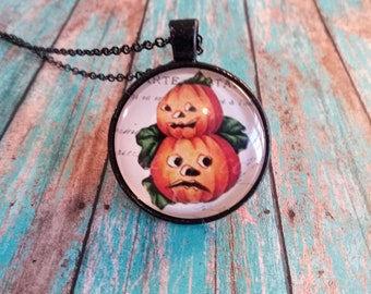 Halloween Pendant Necklace, Pumpkin Jewelry, Vintage Inspired Halloween Necklace, Glass Cabochon Necklace, Anthropomorphic Pumpkin