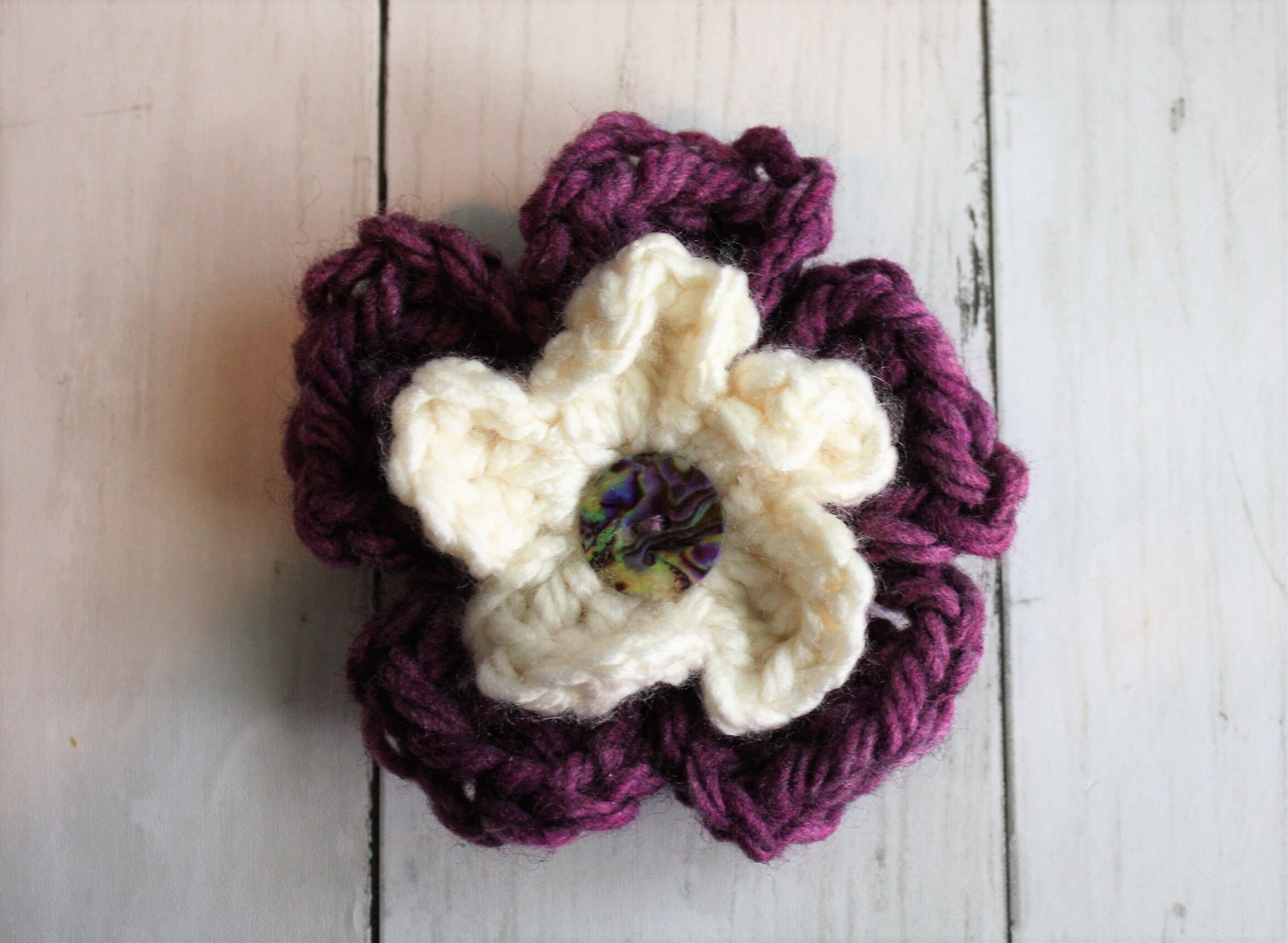 Crocheted Flower Brooch Chunky Crochet Flower With Button Etsy