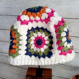 Crocheted Granny Square Beanie White Pink Green Orange Blue