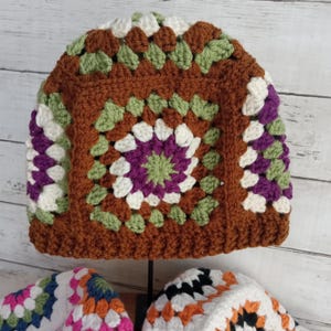 Crocheted Granny Square Beanie Brown Green Purple