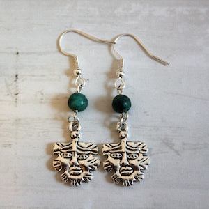 Green Man Earrings, Beaded Leaf Face Dangle Earrings, Silver and Green Drop Earrings, Forest Tree Nature Earrings