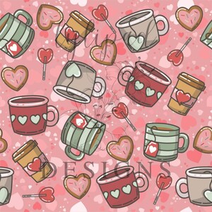 Valentine Hearts and Coffee Seamless Pattern - DIGITAL DOWNLOAD