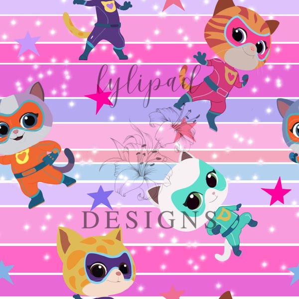 Hero Kitties Super Cats Pink, Purple, Green and Orange Seamless Pattern - Digital Download