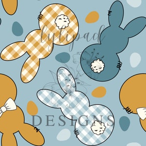 Blue and Mustard Easter Bunnies Seamless Pattern - Digital Download