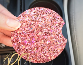 Glitter Car Coasters: Chubby Rose Gold, Sparkly Car Accessories - Two Piece Set