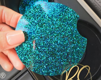 Mermaid Teal Glitter Car Coasters: Sparkly Resin Cupholder Set