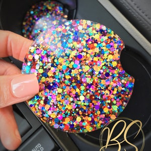 Rainbow Glitter Car Coasters: Sparkly Car Cup Holder Accessories