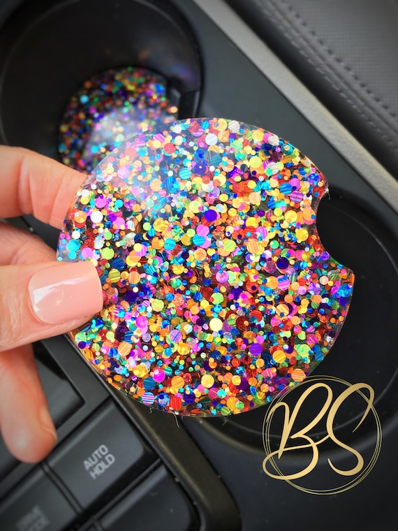 Rainbow Glitter Car Coasters: Sparkly Car Cup Holder Accessories
