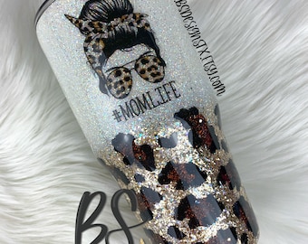 Leopard Glitter Tumbler: Ombré Gold, Personalized Mom Life Decal