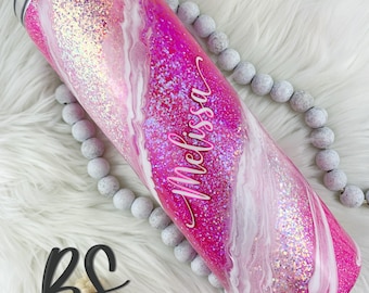 Pink Glitter Swirl Tumbler: Personalized Epoxy Cup with Straw
