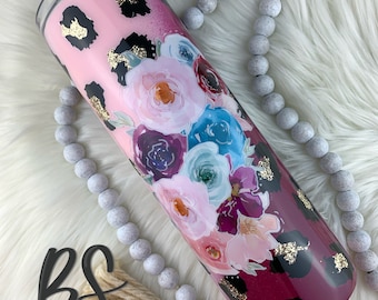 Floral Leopard Glitter Tumbler: Handmade Epoxy Custom Cup