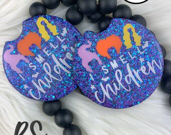 Electric Purple Glitter Car Coasters: Halloween Car Accessories - Two Piece Set