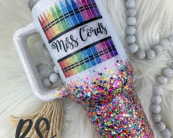 Glitter Teacher Tumbler, Glitter tumbler personalized, Sparkle tumbler, Teacher tumbler crayon, teacher gift for Christmas, teacher gift