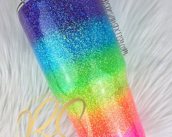 Personalized Neon Rainbow Glitter Ombre Tumbler with Straw