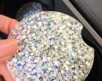 Glitter Car Coasters, Car Decor, Car Accessories, Glittered Coaster, Car Cupholder, Gifts for Her, New Car Present, Chunky White