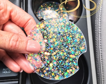Clear Rainbow Glitter Car Coasters: Sparkly Car Accessories - Two Piece Set
