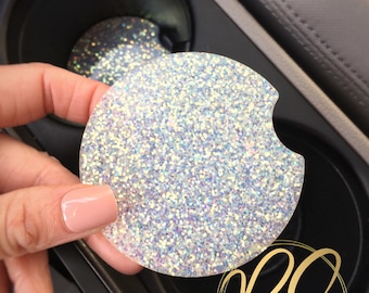 Snow White Glitter Car Coasters: Sparkly Car Accessories, Two-Piece Set