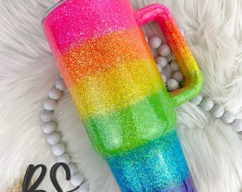 Neon Rainbow Glitter Ombre Tumbler: Personalized Epoxy Cup
