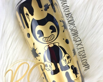 Personalized Bendy and the Ink Machine Tumbler: Gold Ink Splatter Cup