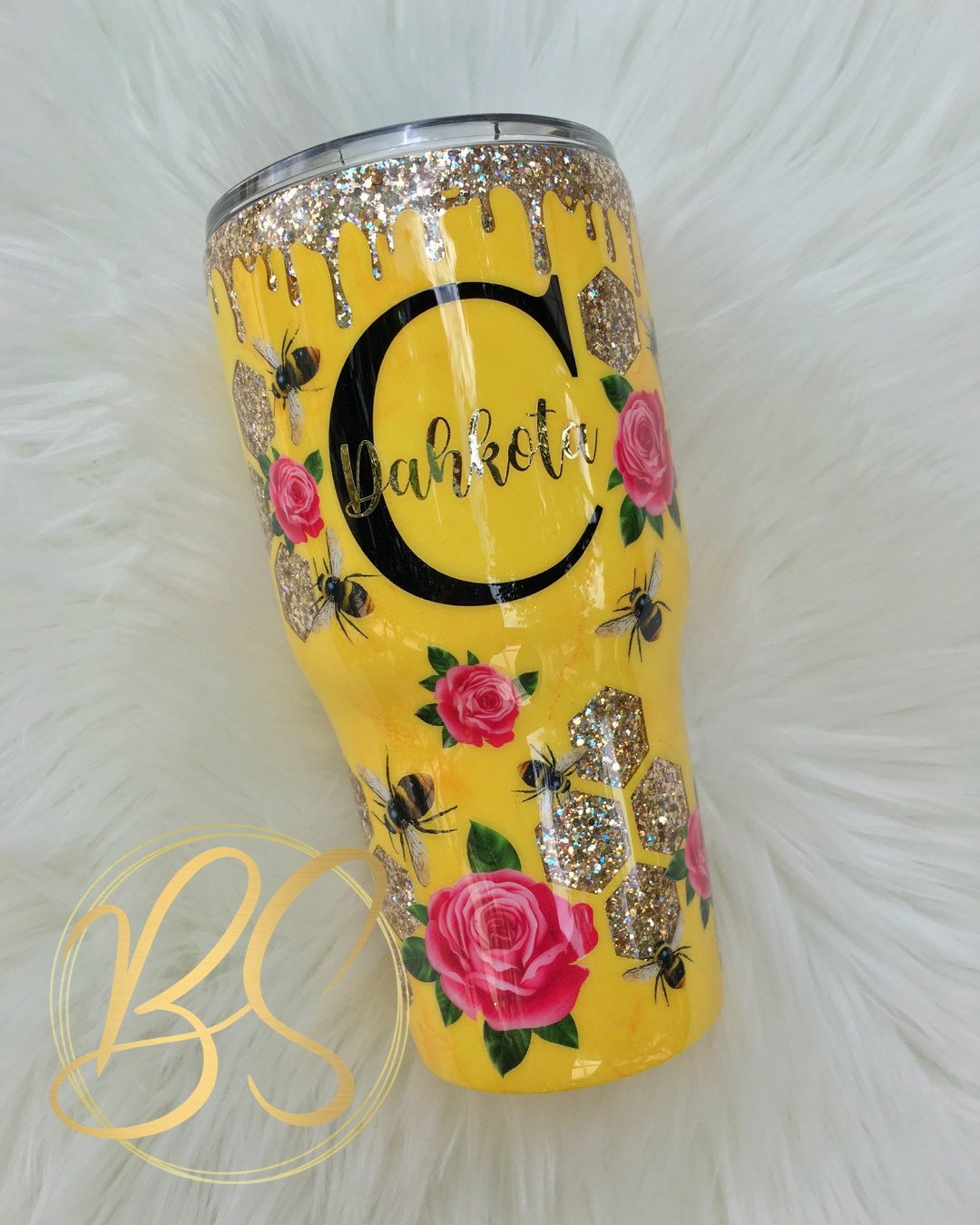 Gold Glitter Tumbler Flowers and Bees Epoxy Etsy