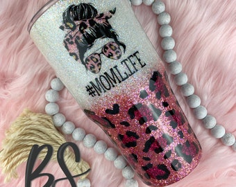 Pink Leopard Glitter Tumbler, Mom Life Decal, Ombré Glitter, Personalize