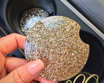 Glitter Car Coasters, Car Accessories, Glittered Coaster, Car Cupholder, Two Piece Set, Gifts for Her, New Car Present, Gold