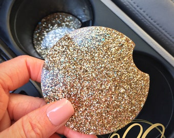 Gold Glitter Car Coasters: Sparkly Car Cup Holder Accessories - Two Piece Set